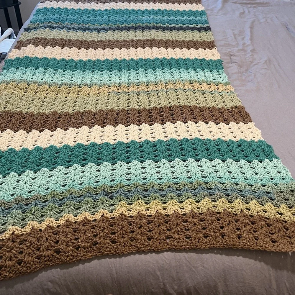 Crocheted Striped Throw Blanket afghan 65 x 28 earth tone cottage core